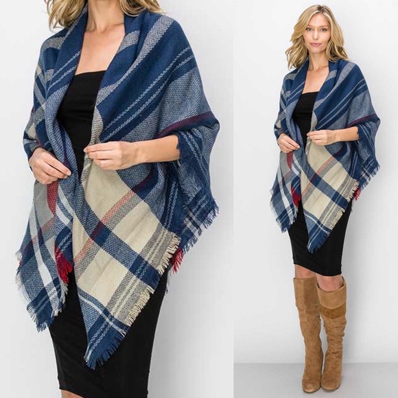 Accessories - Plaid Scarf Fringed Hem Blue/Cream
